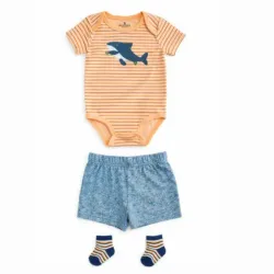 Conjunto Naranja y Azul con Body, Short y Medias de Tiburón para Bebé