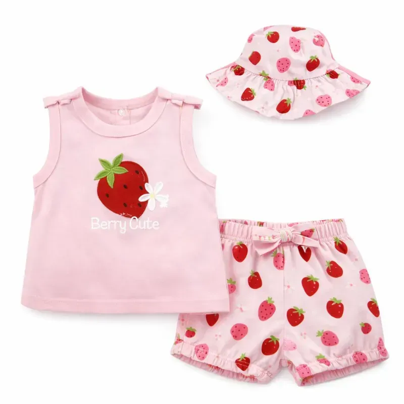 Conjunto Rosa de Fresas con Blusa, Short y Sombrero