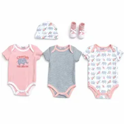 Conjunto Rosa y Blanco con Body de Elefante, Gorros y Accesorios para Bebé