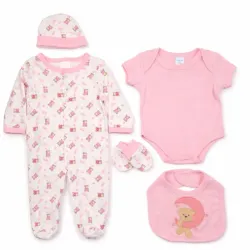 Conjunto Rosa y Blanco con Body, Pantalón, Gorro y Guantes de Osito para Bebé