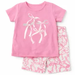 Conjunto Rosa y Blanco con Pullover y Short Lazos
