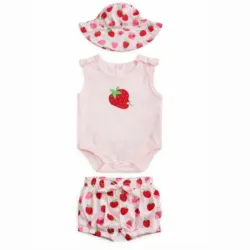 Conjunto Rosa y Blanco con Top de Fresa, Short y Cubrepañal para Bebé