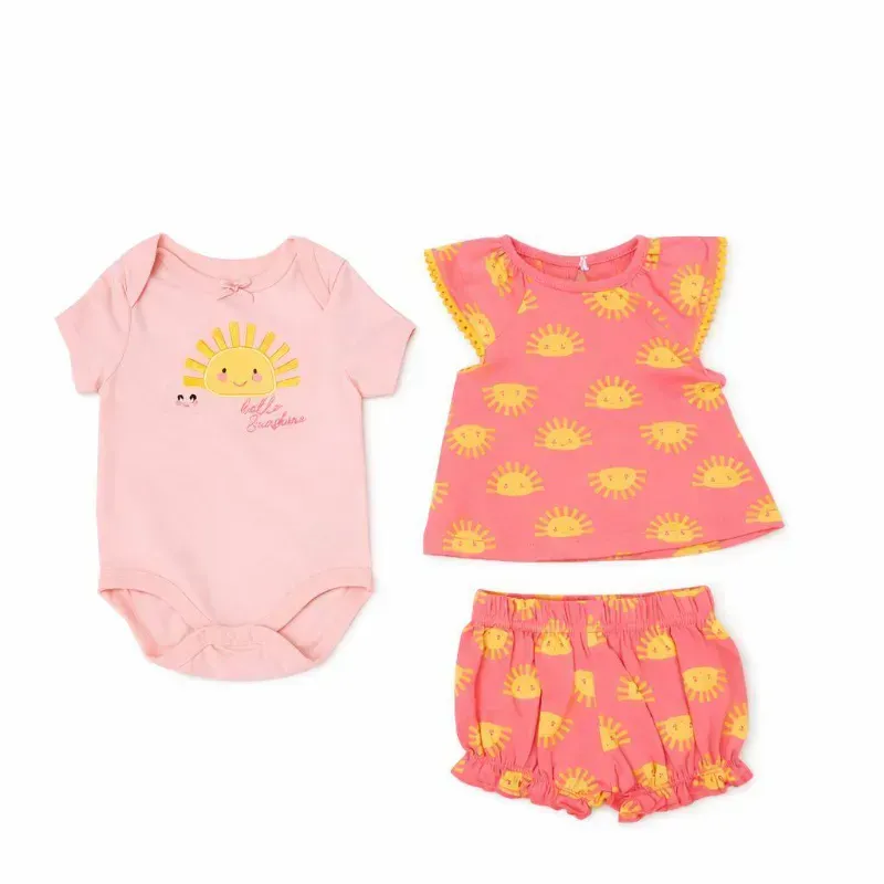 Conjunto Rosa y Coral con Body, Top de Soles y Bloomers