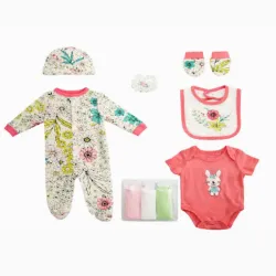 Conjunto Rosa y Crema con Body, Pantalón, Babero y Pañitos Florales para Bebé