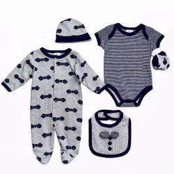 Set Azul y Gris con Body, Enterizo y Accesorios para Bebé