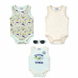 Set de Bodies Verde, Crema y Camuflaje con Dinosaurios y Gafas para Bebé