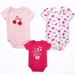 Set de Bodys Rosa, Fucsia y Blanco con Diseño de Cerezas para Bebé