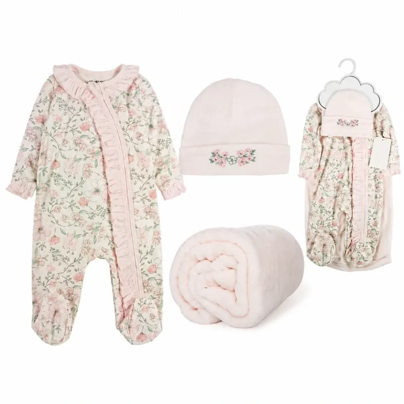 Set de Enterizo Rosado + Gorro + Manta