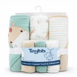 Set de Toallas con Capucha y Paños Animalitos Verde y Beige para Bebé
