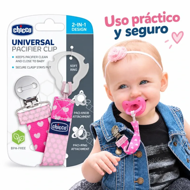 Sujetador Universal de Chupetes CHICCO 2 en 1 – Rosado