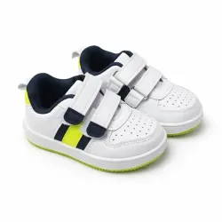 Tenis Blancos con Detalles Azul y Amarillo con Peguetas