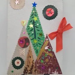 Postal de Tres Arboles de Navidad con Lazo Naranja