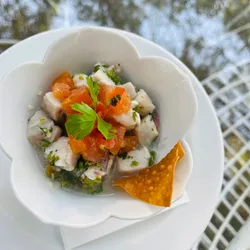 Ceviche de pescado en vinagreta de cachucha y cilantro 