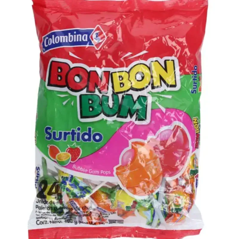 Chupa chupa surtido con chicle, Bon bon bum, 24 u