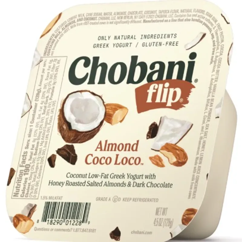 Volteo de yogurt griego de coco con almendras y chocolate oscuro,Chobani, 4.5 oz