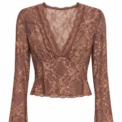 Blusa de Encaje Marrón Manga Campana