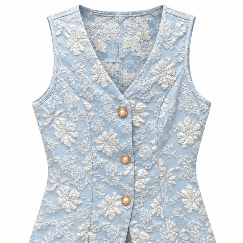Chaleco Azul Cielo Jacquard Floral