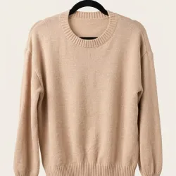 Suéter de Punto Fino y Cuello Redondo con Mangas Ligeramente Abalonadas – Beige Arena