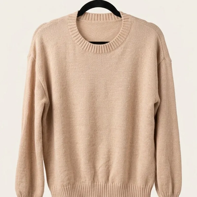 Suéter de Punto Fino y Cuello Redondo con Mangas Ligeramente Abalonadas – Beige Arena