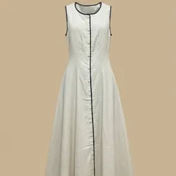 Vestido Largo Crema con Botones y Ribete