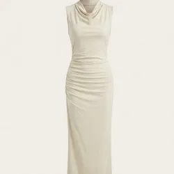 Vestido Midi Crema Cuello Drapeado