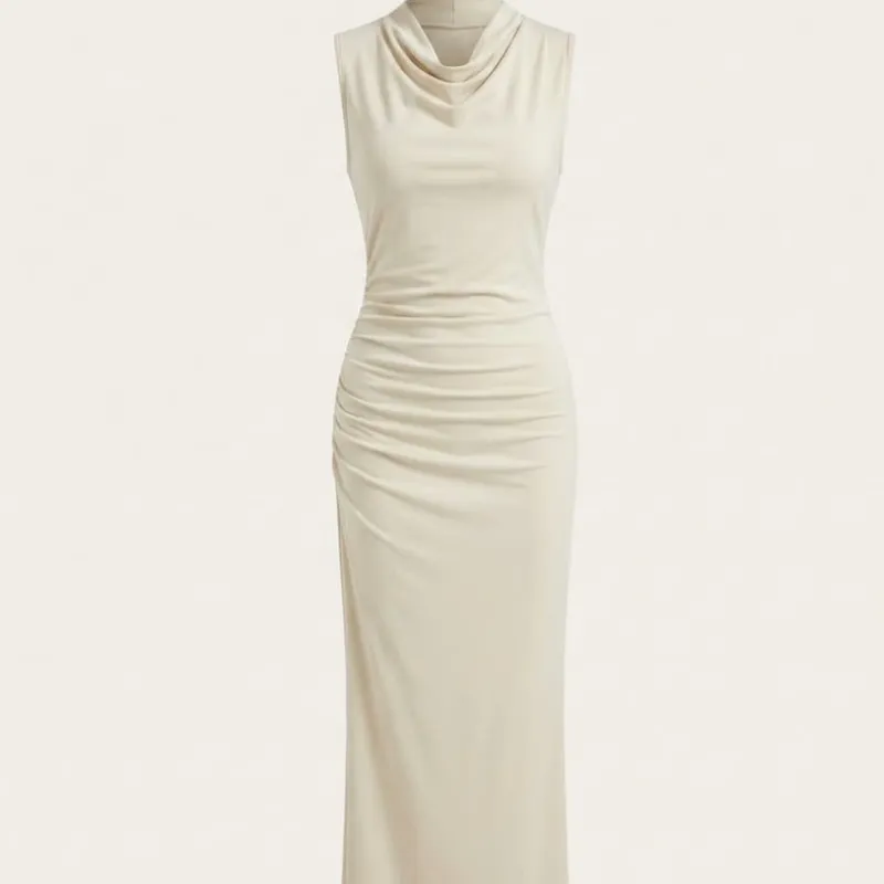 Vestido Midi Crema Cuello Drapeado