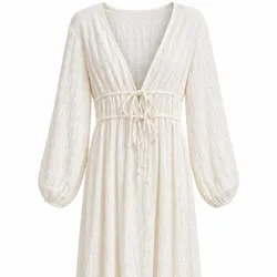Vestido Midi Crema Manga Globo