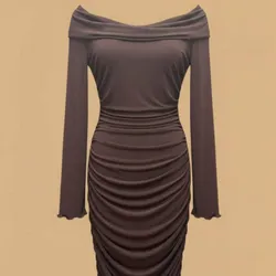 Vestido Midi Marrón Off-Shoulder Fruncido