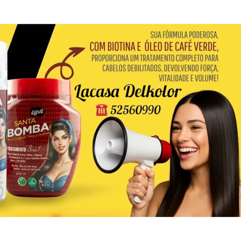 Tratamiento 3 en 1 Santa Bomba de Êlevé, formulado especialmente para cabellos frágiles, ralos y sin brillo. Con una poderosa combinación de biotina, aceite de café verde 1kg