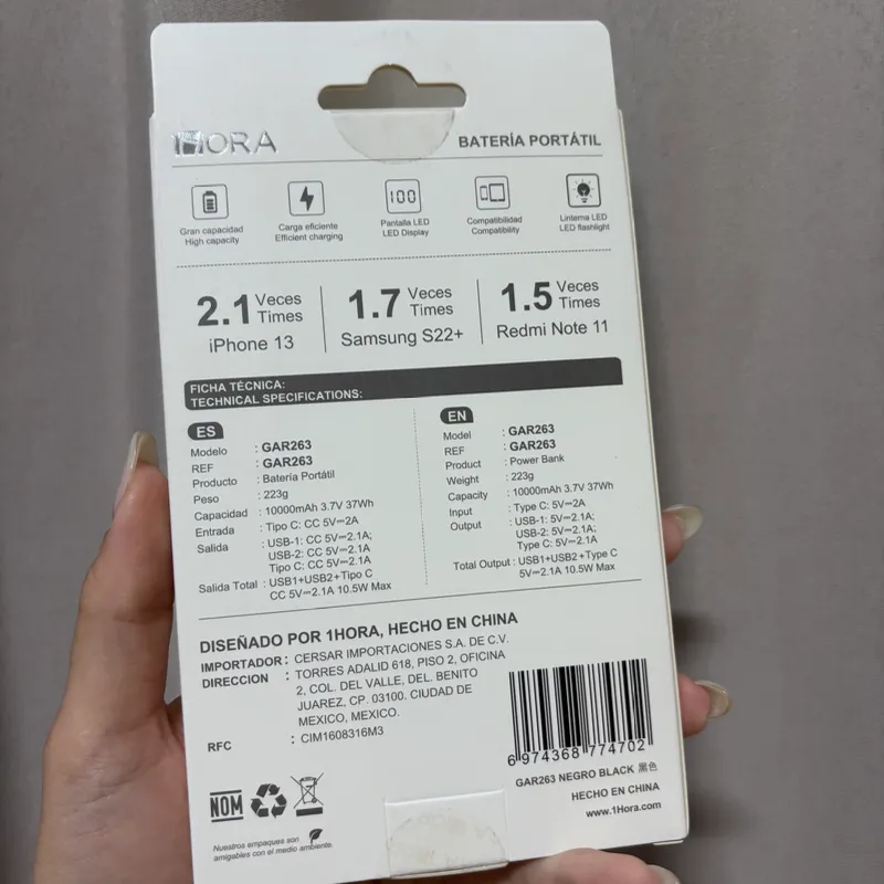 Batería portátil 10000mAh 10.5W Max 