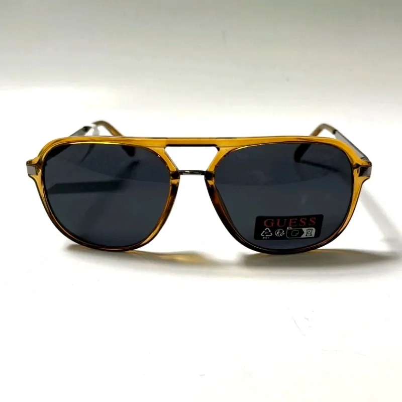 New GUESS Aviator Sunglasses  Double Bridge Acetate Amber Black Lens