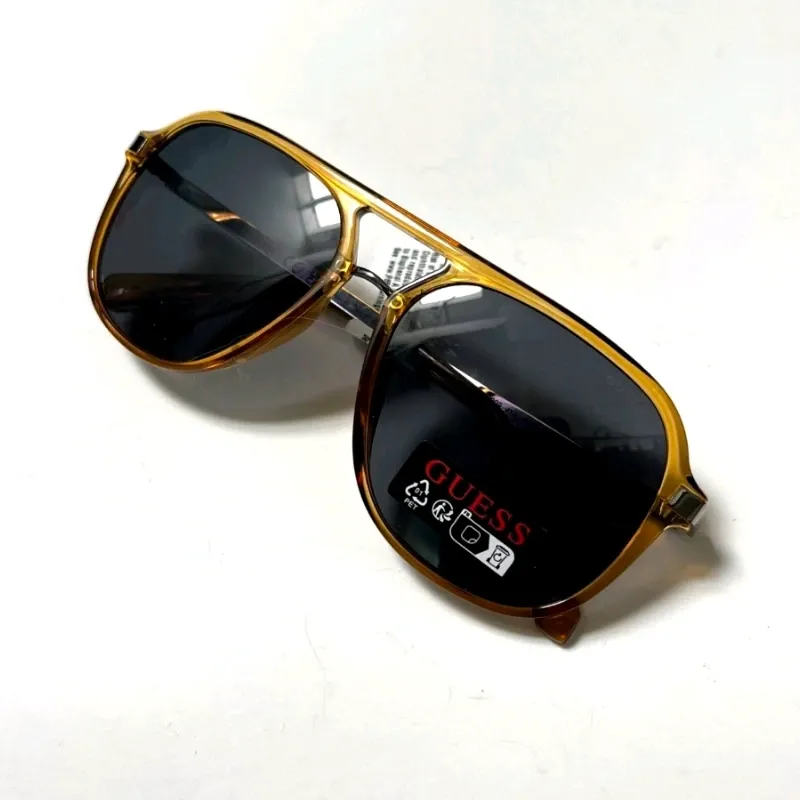New GUESS Aviator Sunglasses  Double Bridge Acetate Amber Black Lens