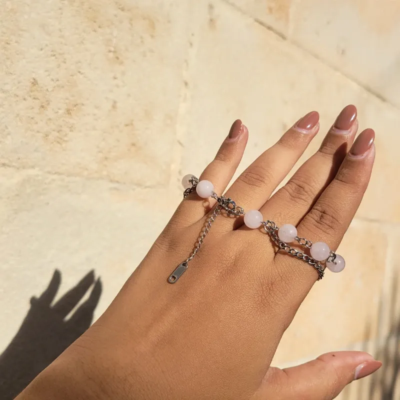 Pulsera doble cuarzo rosa y cadena