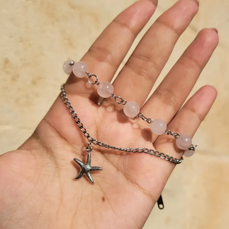 Pulsera doble cuarzo rosa y cadena