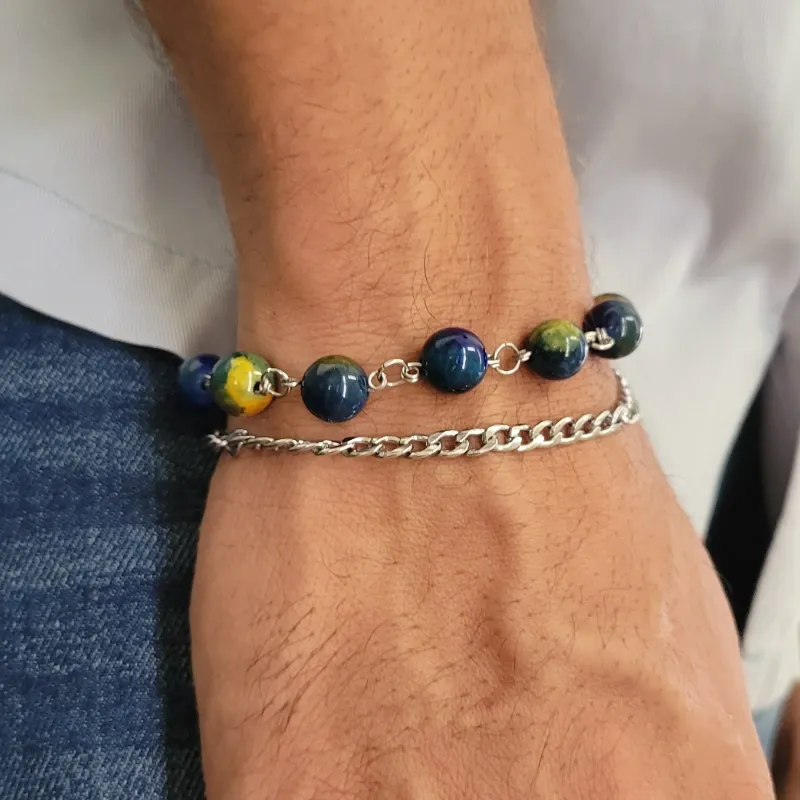 Pulsera masculina doble piedras ágata y cadena gruesa