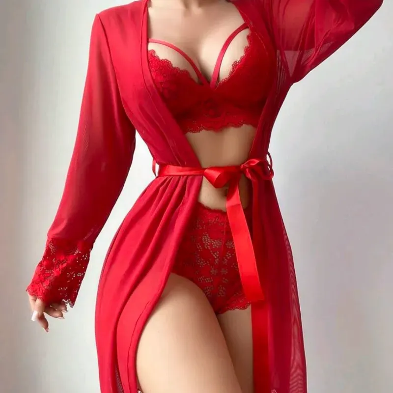 Conjunto de lenceria de 4 piezas de encaje rojo			