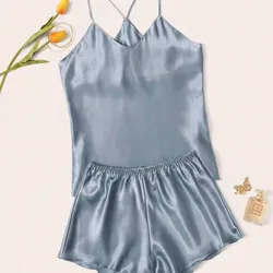 Pijama de satin de 2 piezas azul grisáceo