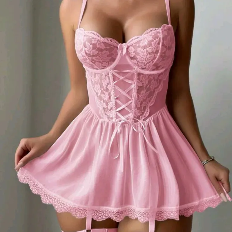 Vestido Pijama de lenceria rosa con detalles de encaje