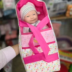 Bebé en su cesta con accesorios
