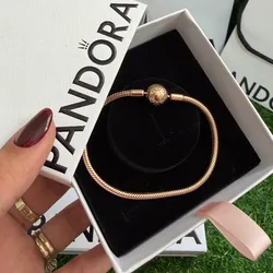 Pandora auténtica con recubrimiento en oro rosa de 14 k cierre bola clásica