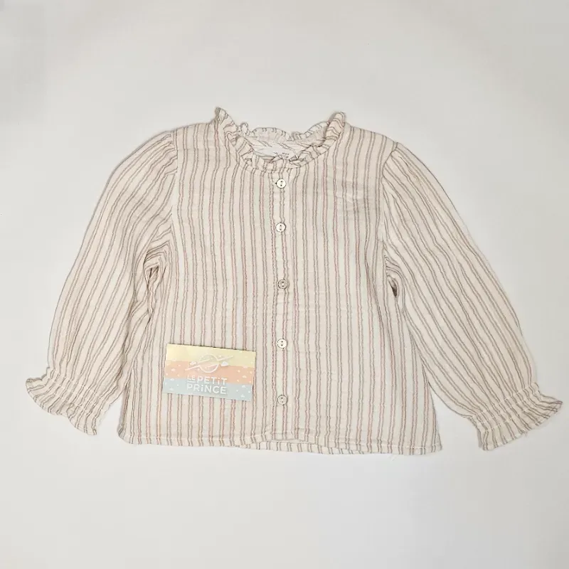 Blusa blanca rayas cuello volante MANGO