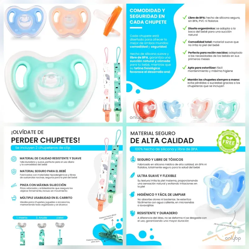 Pack 4 chupetes de colores y 2 correas de agarre