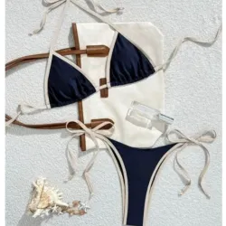 Bikini Azul borde Beige