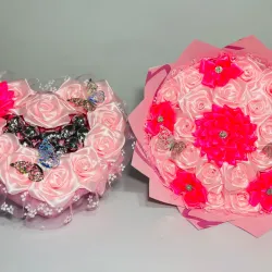 Juego de ramo buchón y ❤️ con bombones en rosado