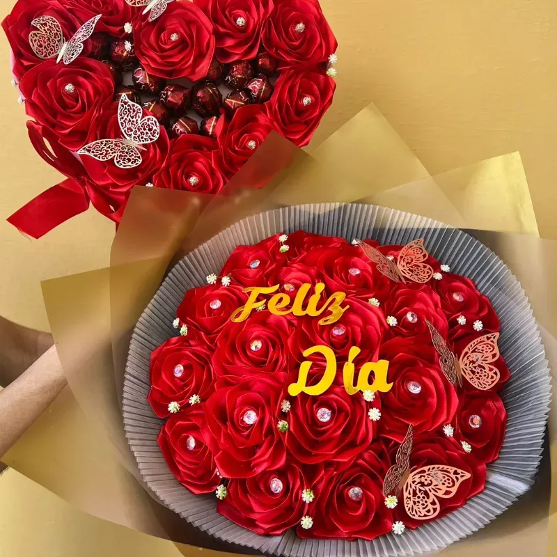 Juego de ramo buchón y ❤️ rojo "Feliz día"