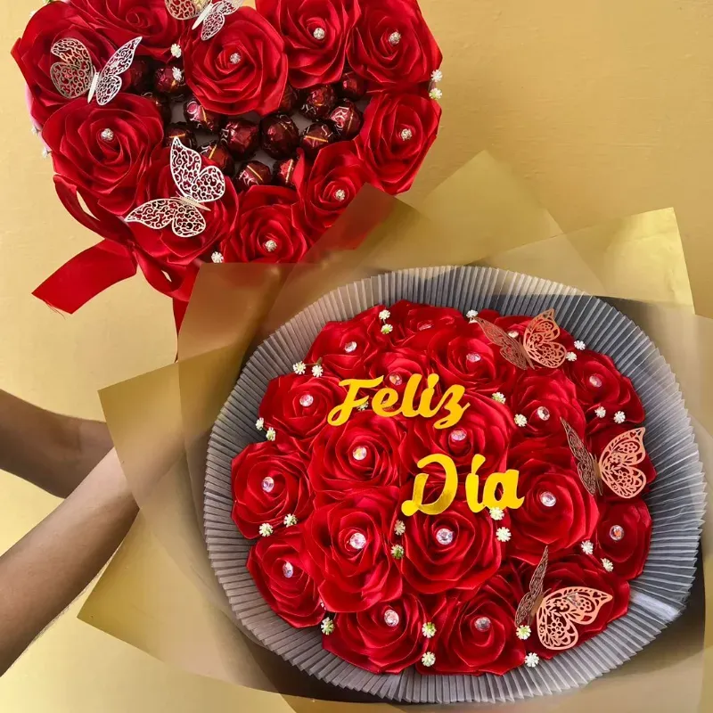 Juego de ramo buchón y ❤️ rojo "Feliz día"