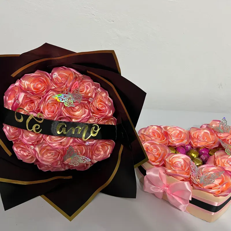 Juego de ramo y corazón con bombones en rosado