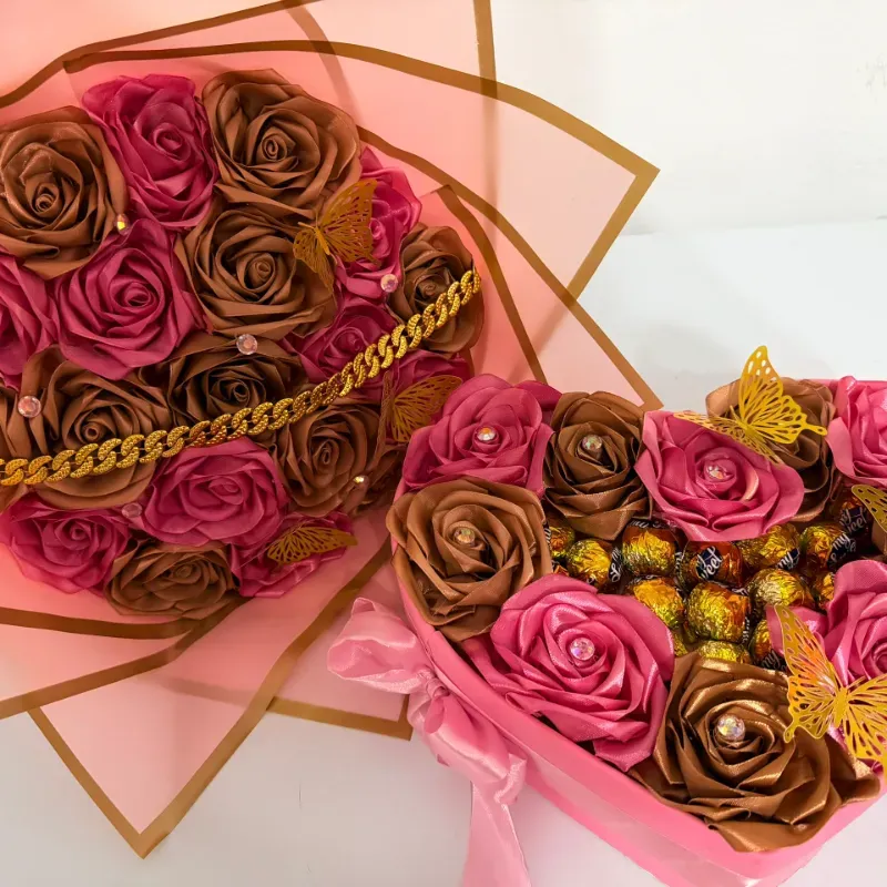 Juego de ramo y corazón con bombones en rosado
