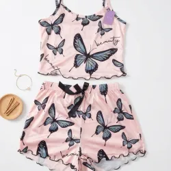 Set de pijama camiseta de tirantes y short estampado de mariposa