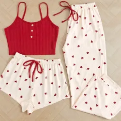 Set de pijamas de 3 piezas (pantalón, shorts y top de tirantes) estampado de corazón